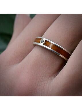 Na Hoku Koa Wood Band Sterling Silver 18k Ring With Diamond Size 7.5